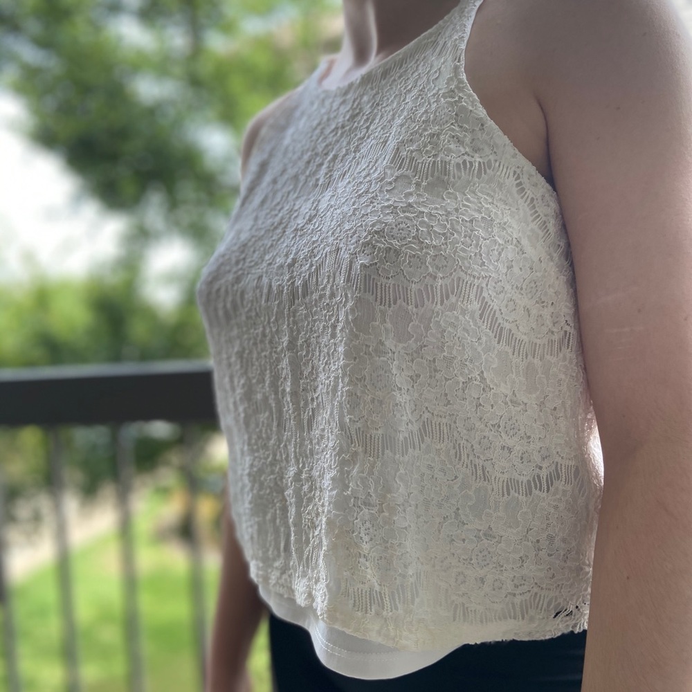 Monteau White High Neck Floral Lace Camisole Layered Tank Top Medium - Picture 5 of 13